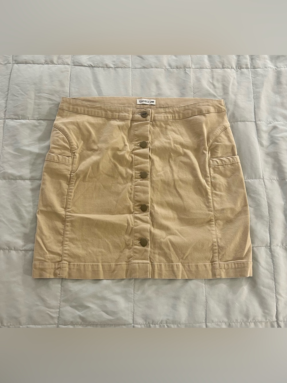 Toad&Co Organic Cotton Blend Khaki Button-Front Mini Skirt, Women’s Size 10